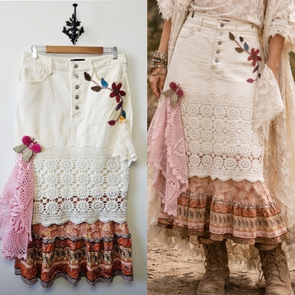 Upcycled Dresses & Skirts - Upcycled Patchwork Lace Maxi Skirt Size 12 Boho Mixed Fabrics Reworked Vintage